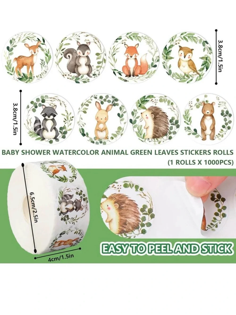 Woodland Animal Round Sticker Roll – Cute Forest Party Stickers in Green